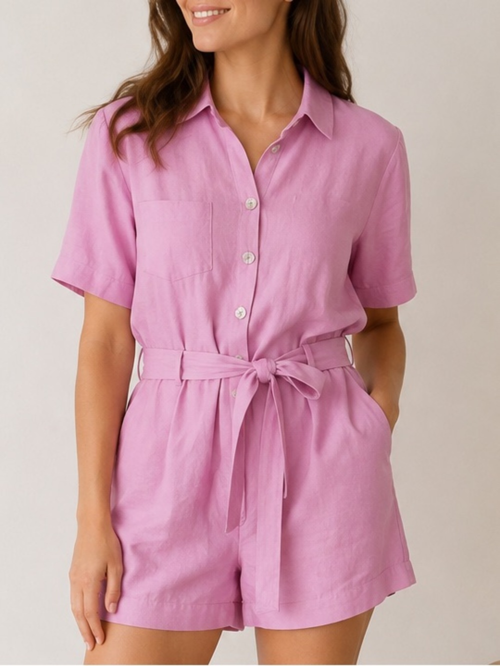 NWT PINCH Pink Romper Size Small Linen Blend Button Front Belted Preppy
